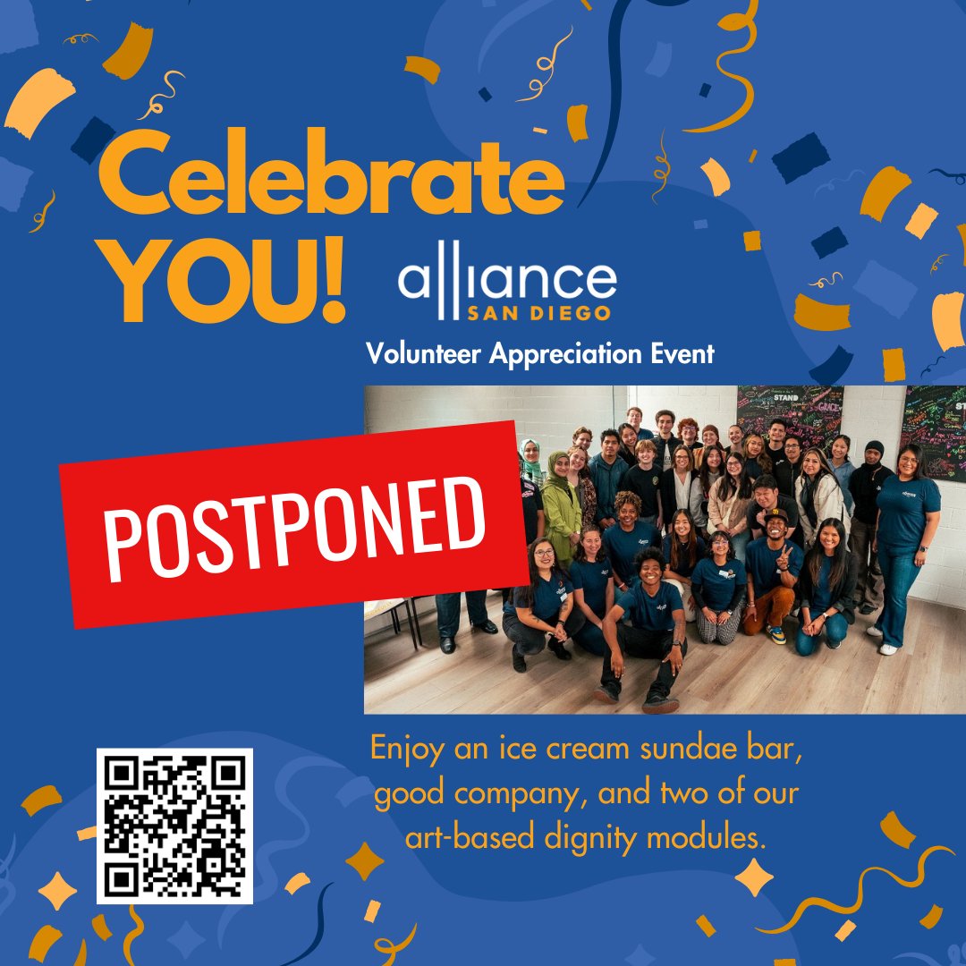 Due to some unforeseen challenges, Alliance San Diego will postpone our volunteer appreciation event that was set to take place this weekend, Saturday, April 20th. Please stay tuned for the new date and time. We hope to see you in the near future.