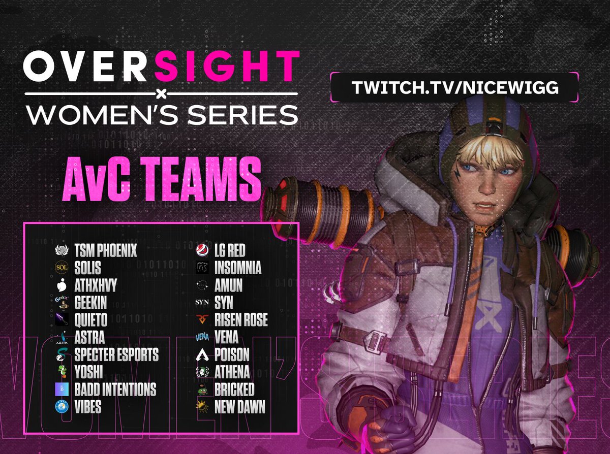 The Oversight Women's Series resumes in 10 minutes with Group A and Group C! Last week had some crazy ALGS level end games so you definitely don't want to miss this! #oversightwomensseries Tune into @NiceWigg's Twitch for the main broadcast and @RynoLive_ will be live as well.