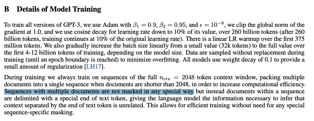 @YiTayML @yuzhaouoe Yeah! However, other (open-source) pre-training code bases we analysed were doing plain causal masking, where the likelihood of each token was conditioned on all previous tokens in the pre-training chunk. This (sub-optimal, as we found in arxiv.org/abs/2402.13991) choice probably…