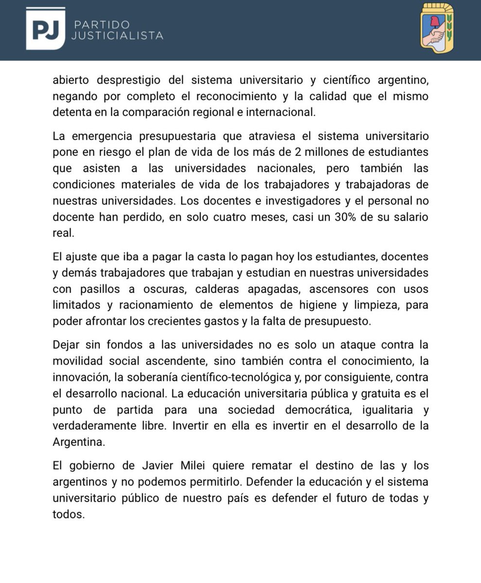 El Partido Justicialista apoya la Marcha Nacional Universitaria del 23 de abril, en defensa de la educación universitaria pública y gratuita 🇦🇷👇🏼