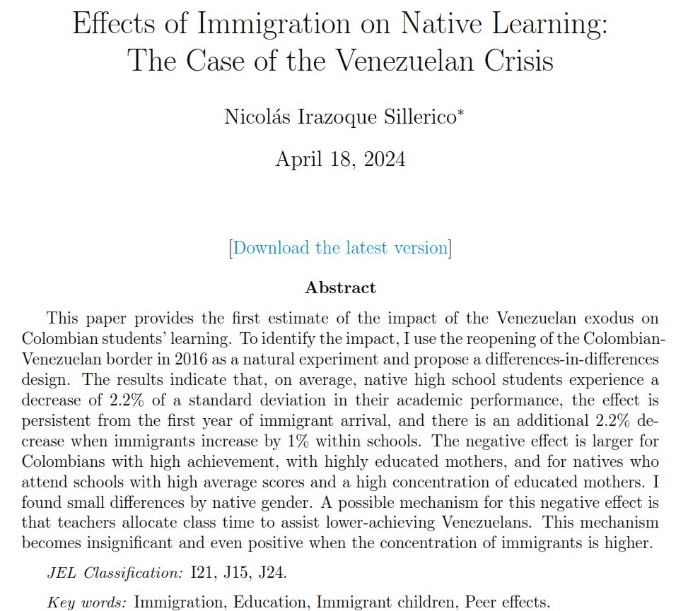 New working paper 🚨

I ask if there is an effect of Venezuelan 🇻🇪 immigrants on native Colombian 🇨🇴 students learning outcomes.

Short answer: There is, and it's negative.

A 🧵:

1/

Link: shorturl.at/lCPX5

#EconTwitter #PeerEffects #HumanCapital #EconomicsOfEducation