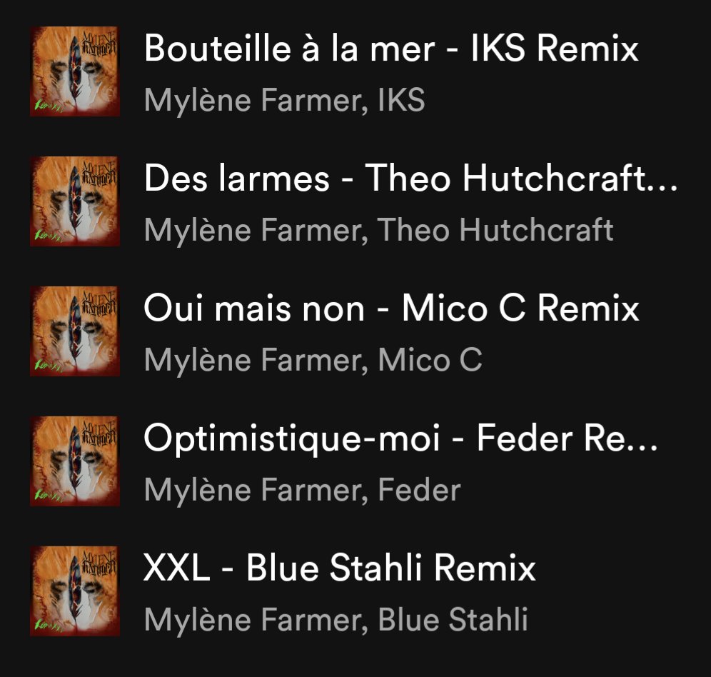 Mes 5 remixes de #MyleneFarmer #remixxl sont de Iks, Théo Hutchraft, @MicoInTheMix , Feder et Blue Stahli ❤️❤️❤️