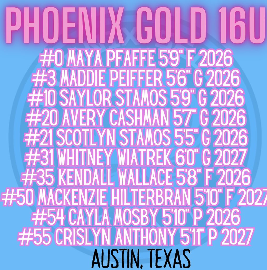 Phoenix Gold 16U roster for Apache Memorial in Knoxville! 1st game is at 5.40 on Friday!