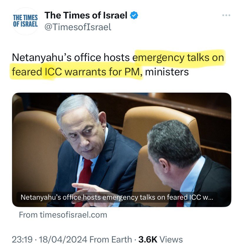 🥷 Times of Israel: “Israel is increasingly worried by the prospect of the International Criminal Court in The Hague issuing ARREST WARRANTS AGAINST PRIME MINISTER BENJAMIN NETANYAHU and other Israeli political and military leaders for alleged breaches of international law in
