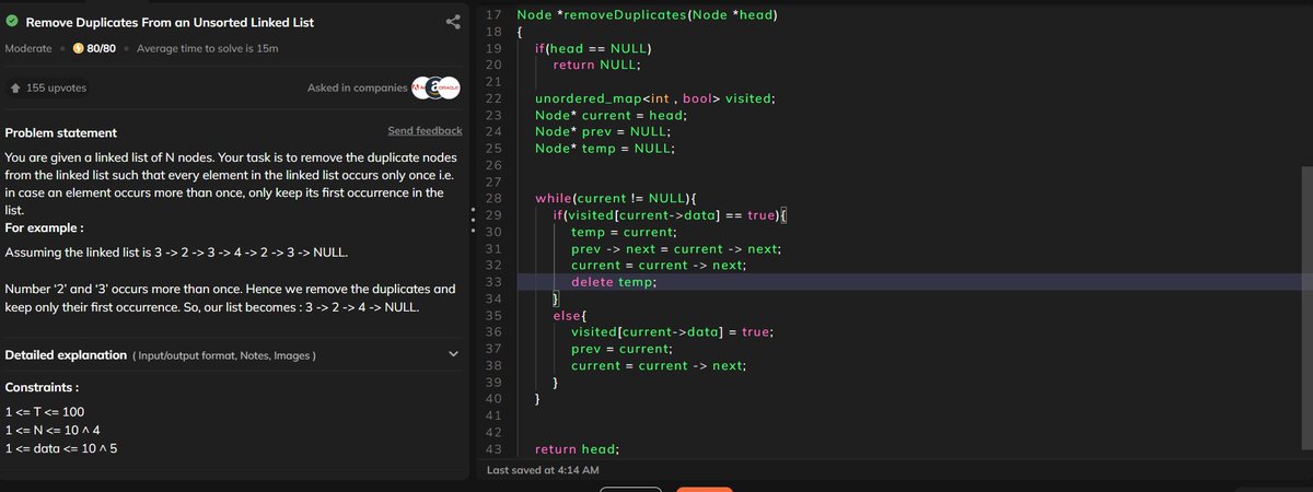 with_code01001's tweet image. Following DSA Playlist by Love Babbar
Lecture 48(Linked List Part 5) done
Questions -
1. Remove duplicates from a sorted Linked List
2. Remove duplicates from a unsorted Linked List
#codingstreak #23