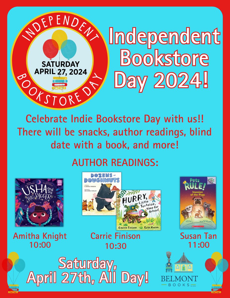 Massachusetts friends, please join me, along with authors @SusanSMTan & @amithaknight to celebrate Independent Bookstore Day at @belmontbooks on Saturday morning 4/27, starting at 10am. We'll be reading, snacking, crafting, and more!