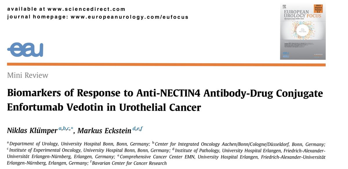 Excellent mini-review #biomarkers of response to Anti-#NECTIN4 #ADC EV in #BladderCancer ➡️More research needed to identify biomarkers predictive of response to EV treatment (and others) and to identify patients not benefiting from treatment sciencedirect.com/science/articl… @EurUrolFocus