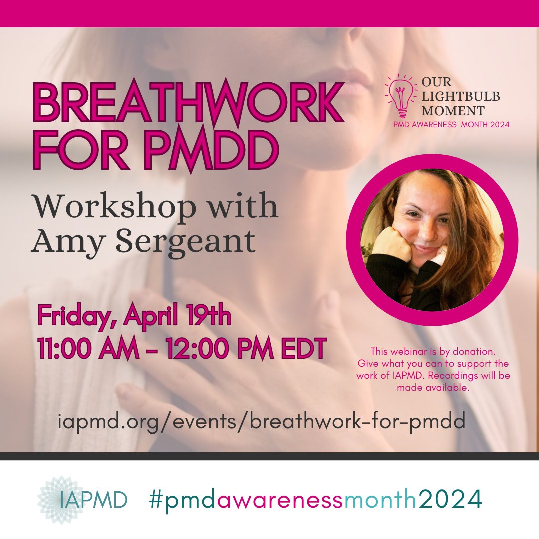 Join us for an illuminating breathwork workshop where we delve into the transformative power of breath to navigate the challenges of Premenstrual Dysphoric Disorder (PMDD). 💫  Visit iapmd.org/events/breathw… to register. 💙 #pmdawarenessmonth2024 #pmd24 #ourlightbulbmomentpmd