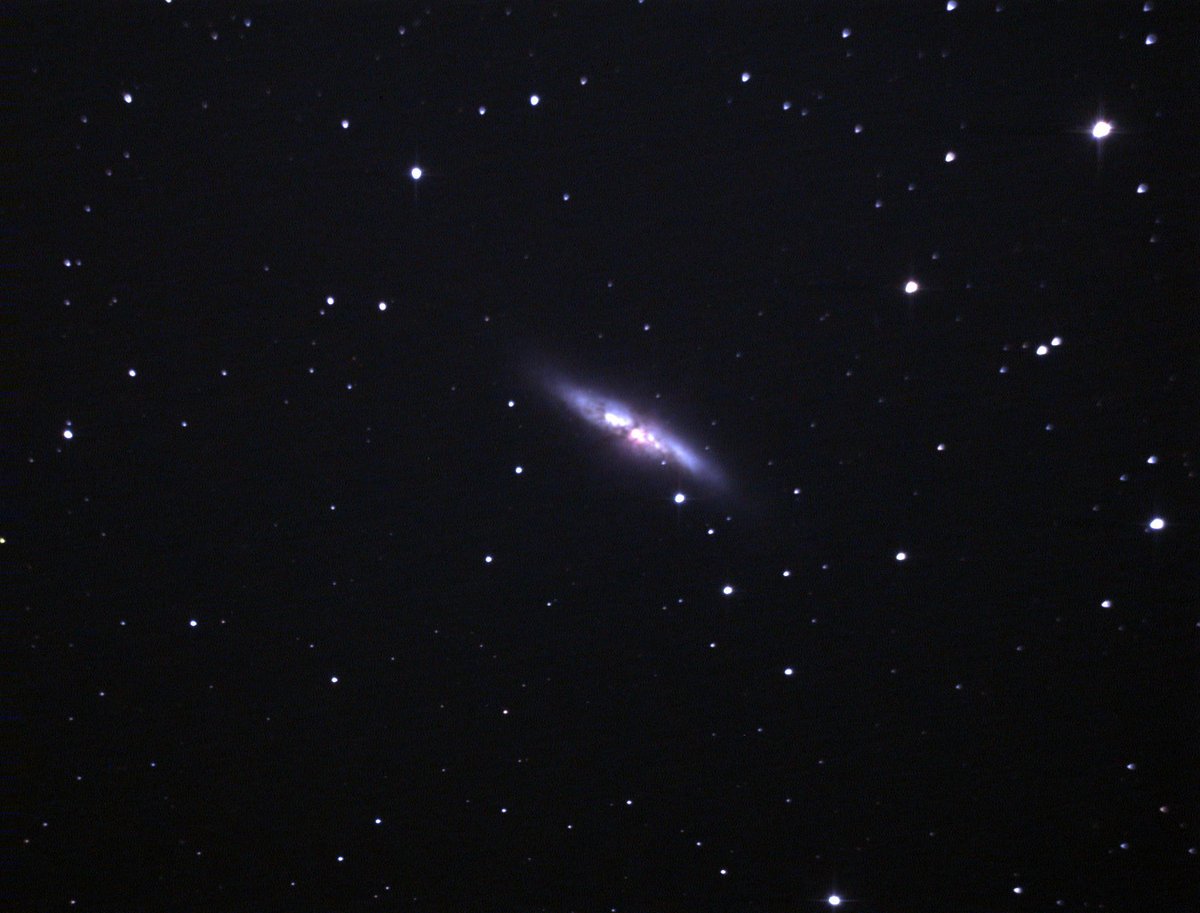 M82 is a spiral galaxy located about 12 Mly away in the constellation of Ursa Major. M82 is a starburst galaxy, that is undergoing massive amounts of star formation. This is likely due to gravitational interaction with nearby galaxy M81.