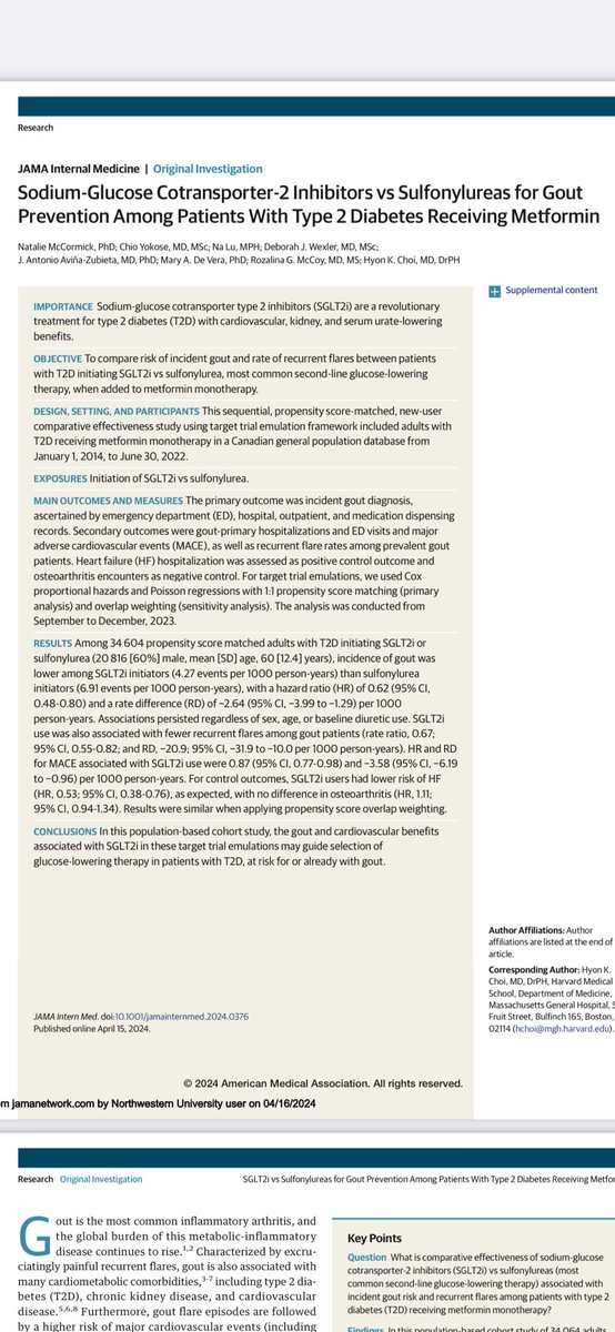 anisha_dua's tweet image. Interesting study in the evolving role of sglt2 inhibition in gout in @JAMAInternalMed ♥️ rheum overlap