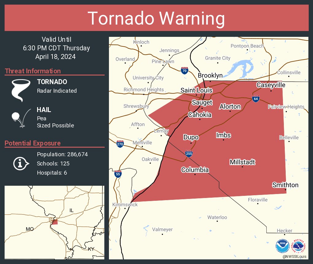 Tornado Warning including Saint Louis MO, East Saint Louis IL and  Cahokia IL until 6:30 PM CDT (Even if this is not confirmed, PLEASE TAKE cover. This is headed into a heavy metropolitan area