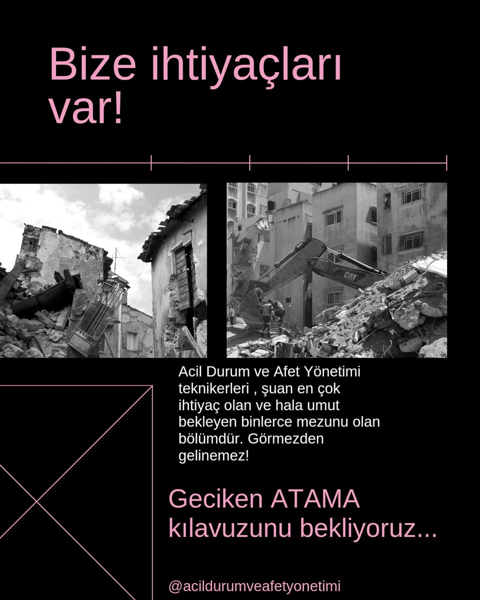 Genç , dinamik binlerce mezunu olan ve hâlâ iyileştirilmiş atama kılavuzunu bekleyen Acil Durum ve Afet Yönetimi Teknikerleri var. Kılavuz şartları ağır olduğundan son atamada ise mezunların çoğu başvuru yapamadı. Ülkemizin bizlere ihtiyacı var. #deprem