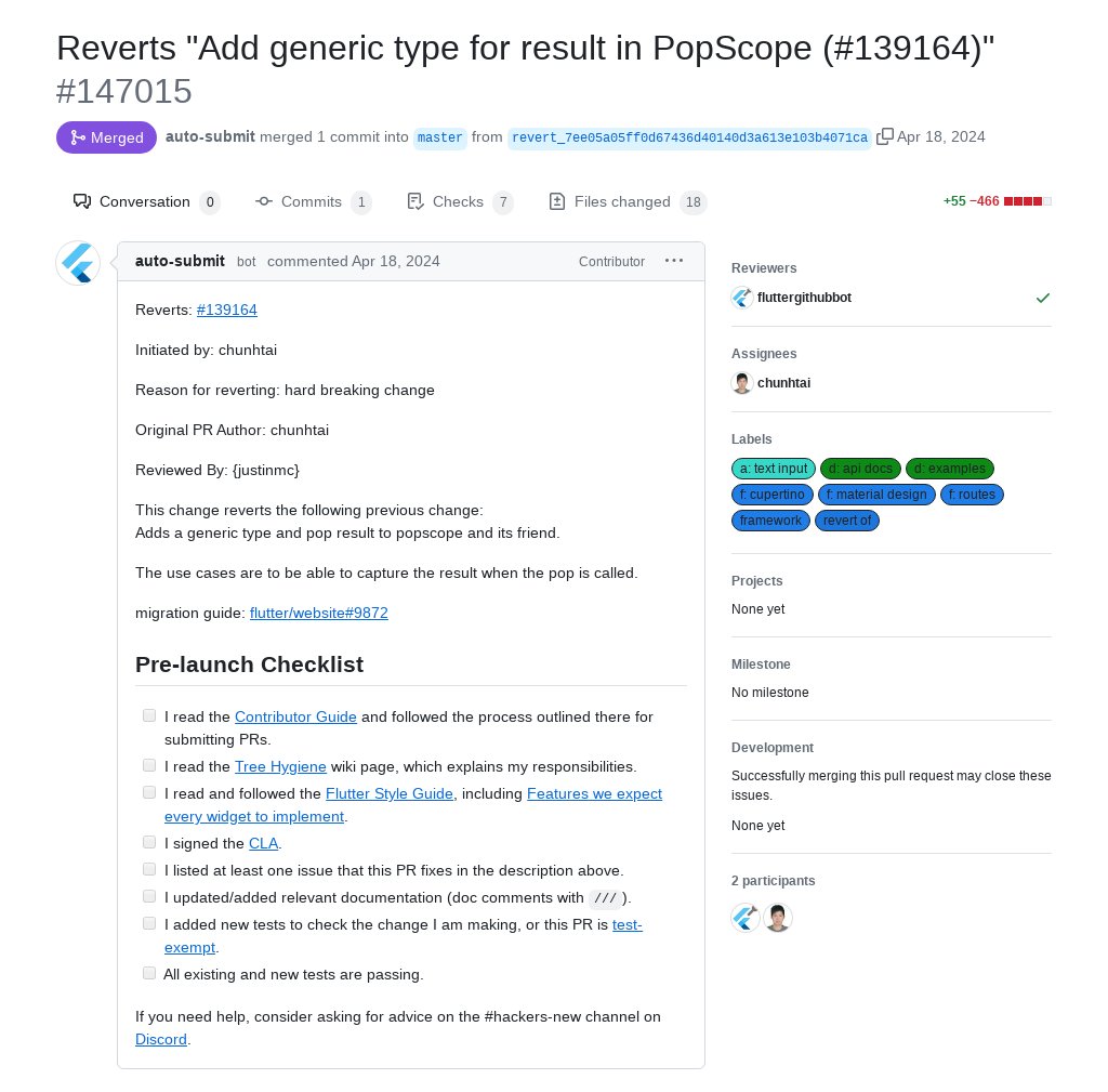 'Reverts 'Add generic type for result in PopScope (#139164)'' by auto-submit[bot] was merged into #Flutter master github.com/flutter/flutte…