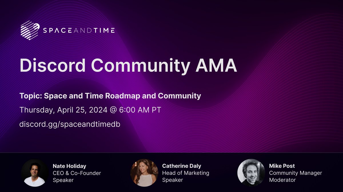🌟 Upcoming Community AMA 🌟 Don't miss Space and Time's Q2 community AMA, happening next Thursday in our Discord 👇 Join for an open conversation with @holiday_nate and @cat_uccino on... 🌟 Project roadmap 🌟 Upcoming community activations 🌟 Partnerships & ecosystem update…