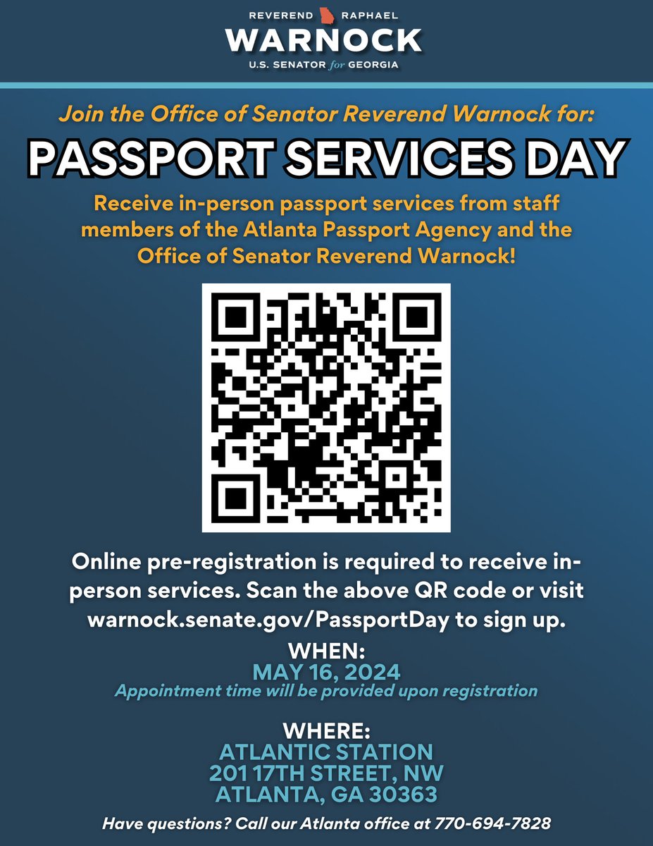 GEORGIA: With summer travels around the corner, my Atlanta office is hosting a Passport Services Day for eligible Georgians on May 16! Online registration is required to receive in-person services for this one-day-only event. Visit warnock.senate.gov/PassportDay to learn more!