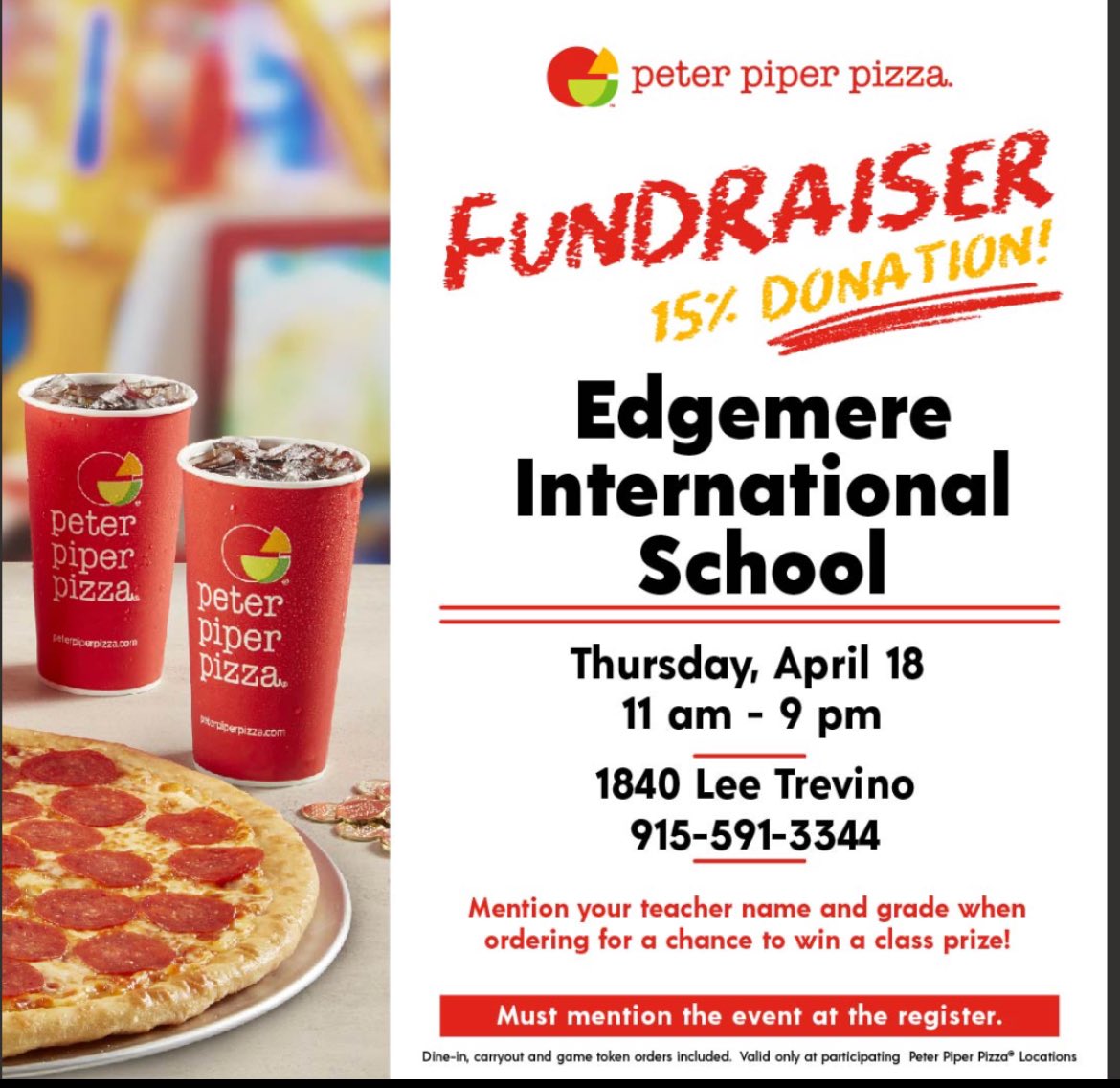 Come join us at Peter Piper!! Please mention Edgemere! @Gmaria1G @EdgemereSchool @YsletaISD