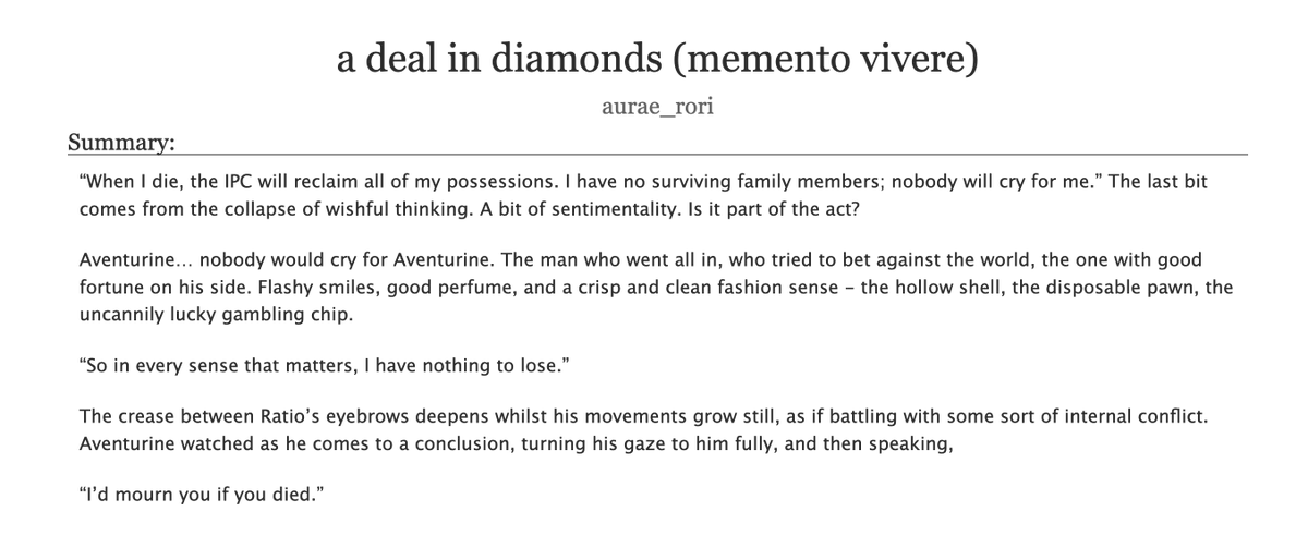 aurae_rori's tweet photo. “a deal in diamonds (memento vivere)”
— #aventio #ratiorine fic
— based on @portalmonsterrr 's comic!
— pre-penacony relationship
— established but also not-established relationship
— aventurine's issues™ coming into play
— 4.2k words
https://t.co/VoEZwHywrZ https://t.co/uhccOky2pM