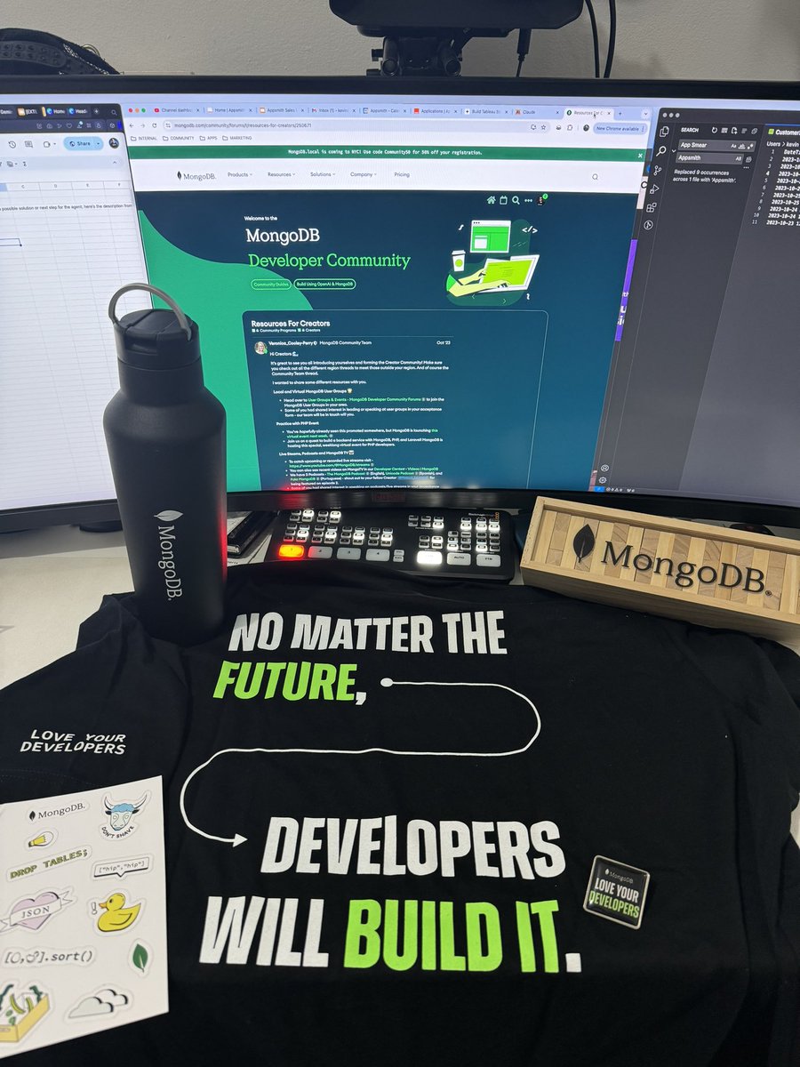 Just got my @MongoDB Community Creator swag package 💚🖤. Loved the legend: “No matter the future, developers will build it”. #mongodb #devrel #advocate #developer #developers