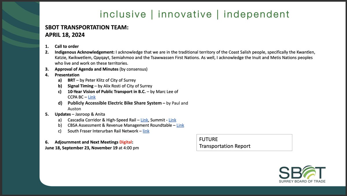 TRANSPORTATION FOCUS: On the docket of the April 2024 Transportation Team Meeting. To join or for more information, please visit: businessinsurrey.com/policy/transpo…