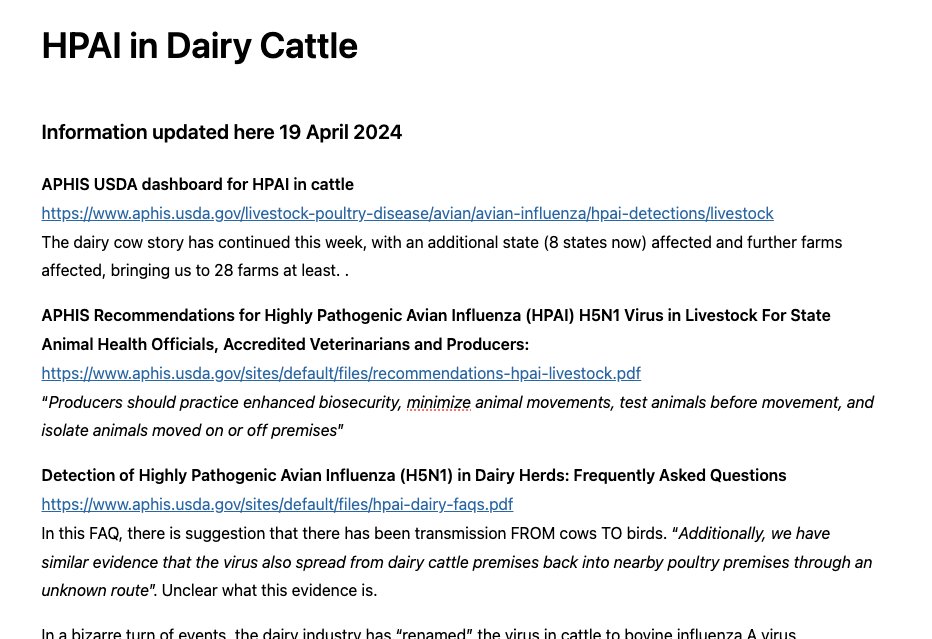 Given all the interest in dairy cattle, I've added relevant documents, reports, updates, papers (new and old) to my HPAI resource page 👉michellewille.com/avian-influenz…