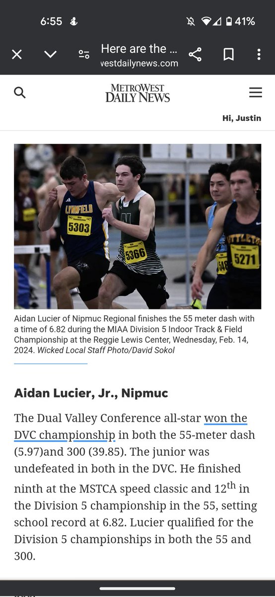 Aidan had a great day too, tripling in the long jump, 100, and 200. The best, though, was probably when he was named Metro West All Star for Indoor track. Congrats A. Well deserved.