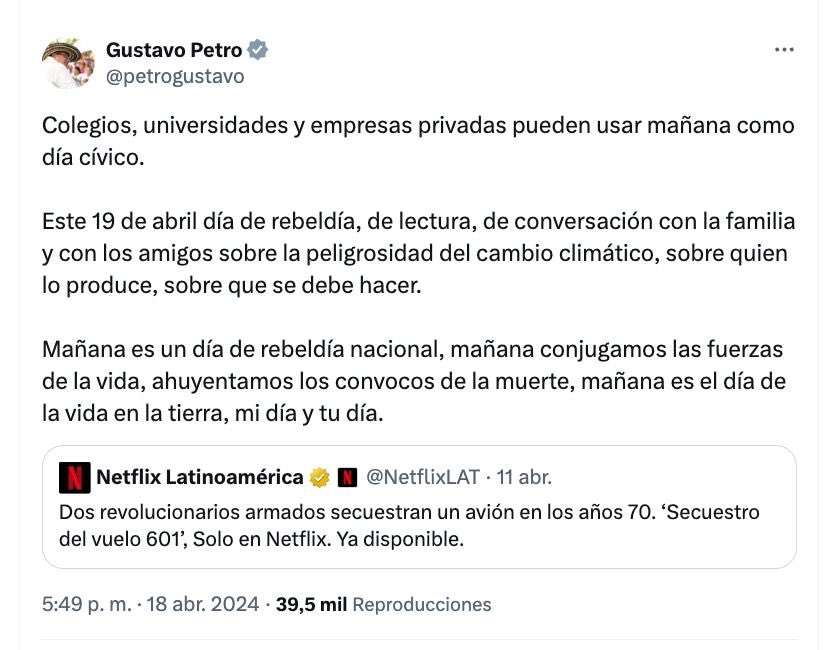 ¿Día cívico? ¿Qué quiere celebrar?

•⁠  ⁠La toma al Palacio de Justicia donde su M-19 mató a magistrados y visitantes al palacio

•⁠  ⁠⁠El asesinato del sindicalista José Raquel Mercado

•⁠  ⁠⁠Los más de 557 secuestros

•⁠  ⁠⁠El secuestro de Álvaro Gómez Hurtado
