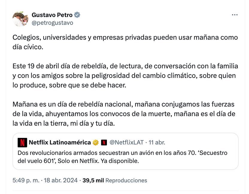 ¿Día cívico? ¿Qué quiere celebrar? •⁠ ⁠La toma al Palacio de Justicia donde su M-19 mató a magistrados y visitantes al palacio •⁠ ⁠⁠El asesinato del sindicalista José Raquel Mercado •⁠ ⁠⁠Los más de 557 secuestros •⁠ ⁠⁠El secuestro de Álvaro Gómez Hurtado