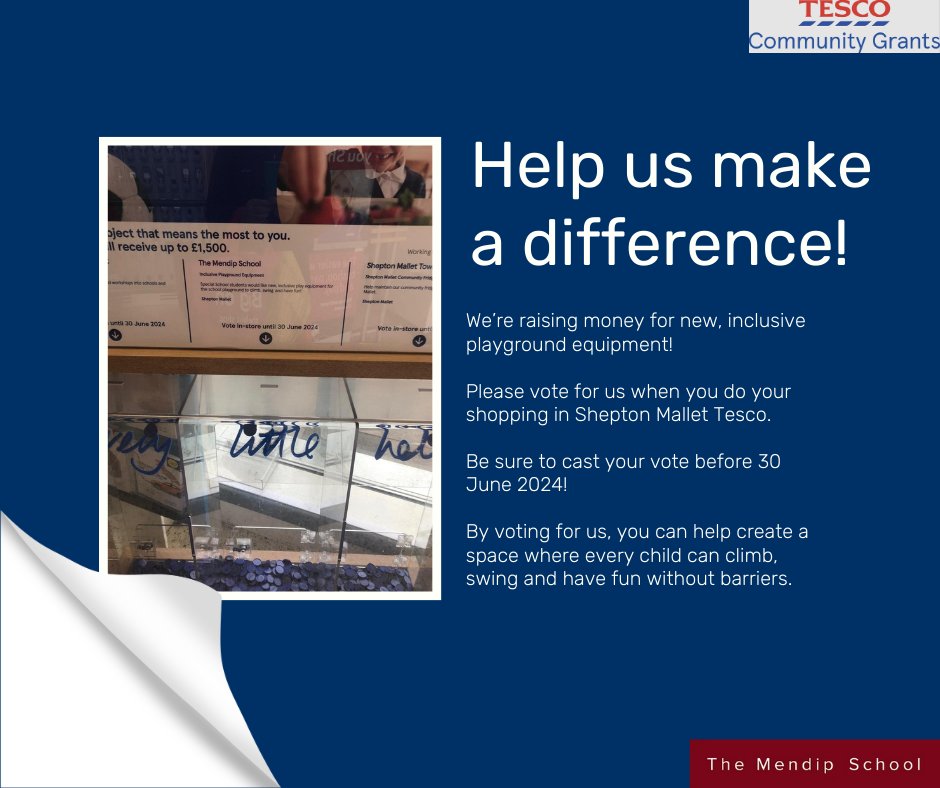 🤝💙 Cast your vote for The Mendip School at Tesco Shepton Mallet! Help us secure funds for an inclusive playground where every child can enjoy the magic of play. Vote by 30 June and let's unlock new possibilities together! 🎉 #MendipMagic #InclusivePlay #CommunitySupport