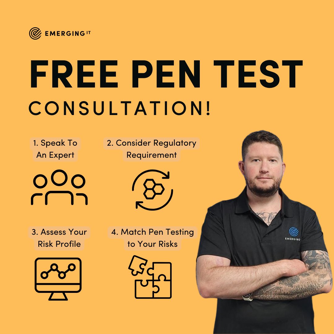 Grab your free penetration testing now - closing end of April! 

What to expect: 

1. Discuss your risks 
2. Consider regulatory requirement
3. Do a risk assessment of your data
4. Match risks with a Penetration Test

hubs.ly/Q02s2m_q0

#pentest #penetrationtesting