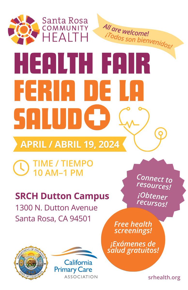 Santa Rosa Community Health along with the California Department of Insurance, and the California Primary Care Association is hosting a #Health4All Health Fair on Friday, April 19th from 10am-1pm at SRCH's Dutton Campus at 1300 N. Dutton Ave.