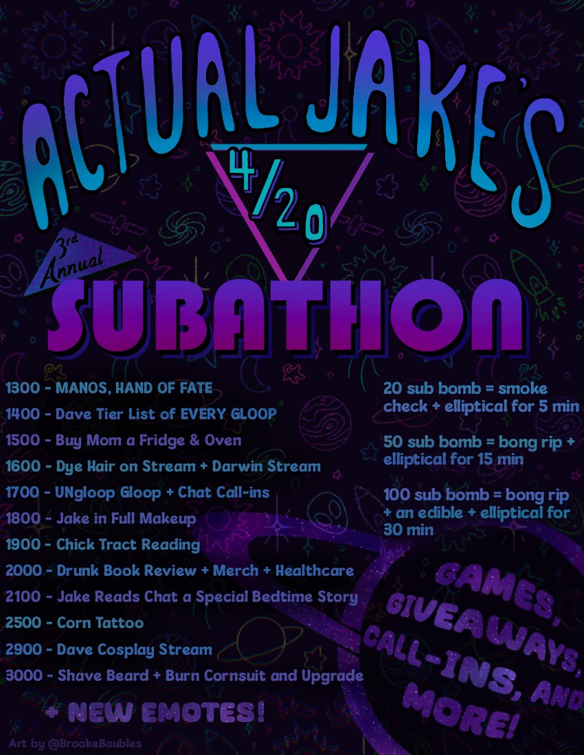 Come have fun with @ActualCorn and the cobs this 4/20 for the 3rd annual Subathon!