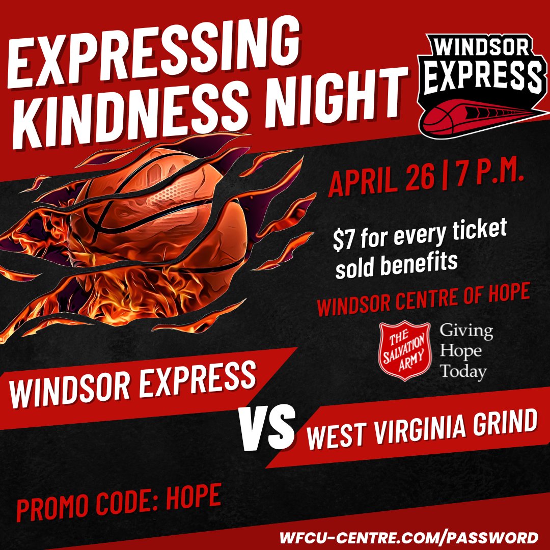 🏀 Join us for the “Expressing Kindness Night” hosted by the Windsor Express Basketball team! 🏀 For every ticket sold, $7 will directly benefit the Windsor Centre of Hope. Let’s come together, enjoy an exciting game, and spread kindness in our community! 🌟🤝