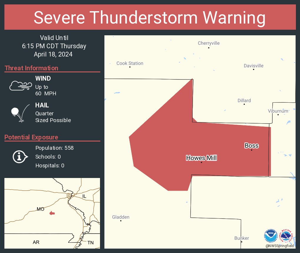 Severe Thunderstorm Warning continues for Boss MO and Howes Mill MO until 6:15 PM CDT