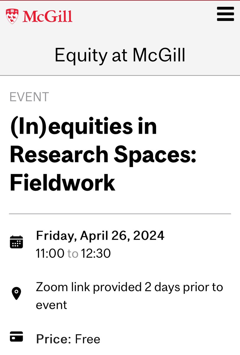 Panel discussion on “(In)equities in Research Spaces: Fieldwork” by Equity @mcgillu Next Friday at April 26, 2024 - 11 AM to 12.30 PM Register forms.office.com/Pages/Response… More info: mcgill.ca/equity/channel…