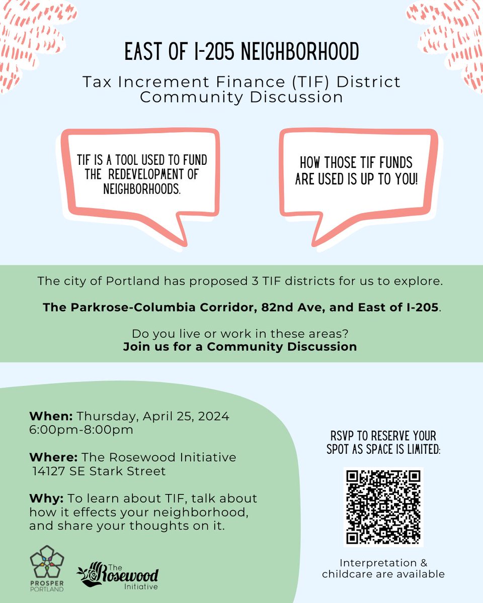 Do you live or work east of I-205? Join our partners at @Rosewood162 and @prosperportland for a community discussion about a proposed Tax Increment Financing (TIF) district in your area! 14127 SE Stark St, Thursday, 4/25, 6-8pm. RSVP here: docs.google.com/forms/d/e/1FAI…
