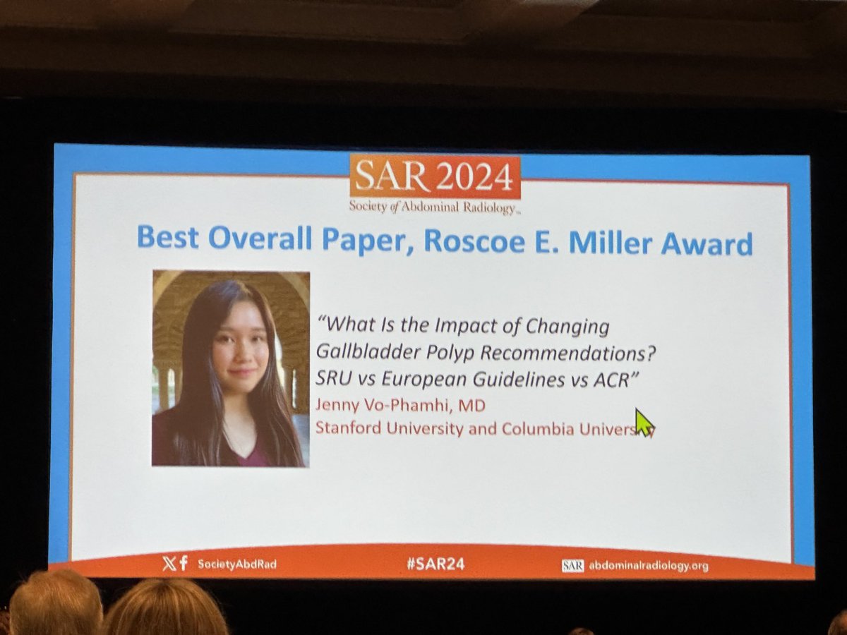 BEST overall paper award at the 2024 SAR meeting! So proud of Jenny Vo-Phamhi! ⁦@SocietyAbdRad⁩ ⁦@StanfordBodyRad⁩ ⁦@StanfordRad⁩ #SAR24