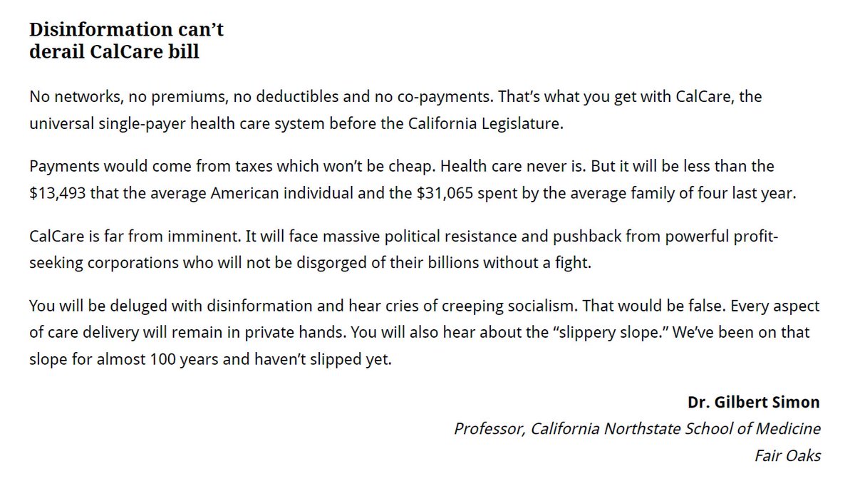 'No networks, no premiums, no deductibles and no co-payments. That’s what you get with CalCare, the universal single-payer health care system before the California Legislature.' -Dr. Gilbert Simon, Letter to the Editor mercurynews.com/2024/04/16/let…