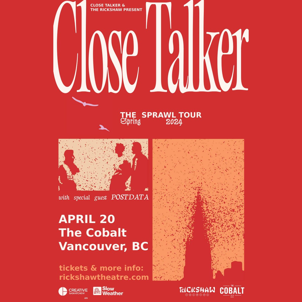 RickshawTheatre's tweet photo. TONIGHT - CLOSE TALKER
Close Talker makes their long-awaited return to Vancouver TONIGHT! Catch them at the The Cobalt for a night of Indie Rock with support from , POSTDATA! ✨

DOORS: 7:00pm
RSVP: https://t.co/8mohSJCxnk
TIX: https://t.co/bsoiMRlBj1 https://t.co/657uFDMMdM