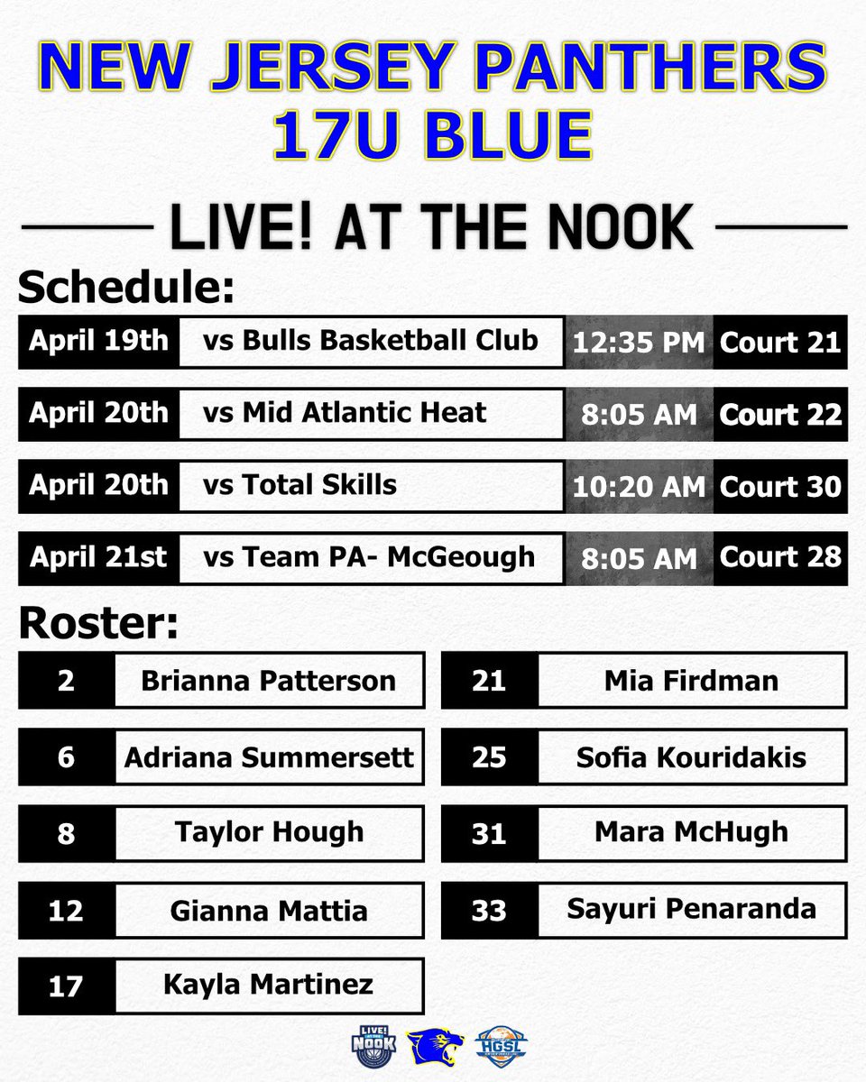 Please come check us out LIVE! At The Nook! I’m #6 on @nj_panthers ready to #earnit 💙💛 @coachewing4 @callanstores @coachschoiceusa @TCorrigan21 @AssumptionWBB @CaldwellWBB @Manhattan_WBB @CoachZ_NJP @CoachJordanNJP @CoachWeberbball @CoachT_77 ⬇️⬇️⬇️⬇️