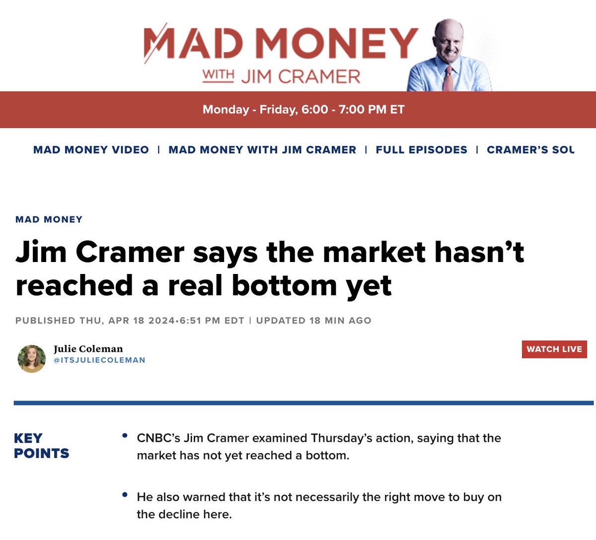 JIM CRAMER JUST SAID THE STOCK MARKET HASN'T REACHED A REAL BOTTOM YET - CNBC