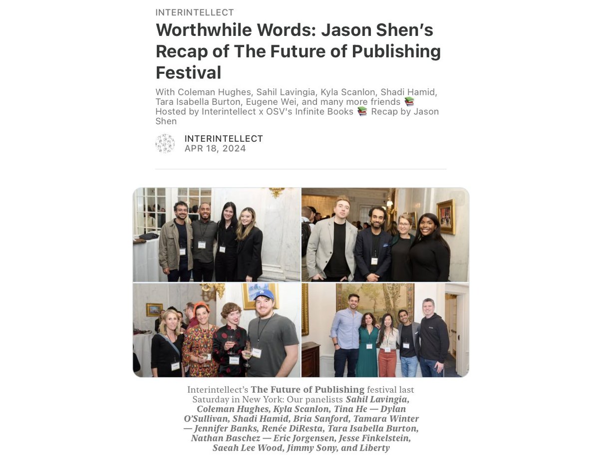 Excellent recap by our friend & fellow Interintellect host @JasonShen 📚 interintellect.substack.com/p/worthwhile-w… 🚀 Mentioned @tomharari + our panelists & speakers @shl @coldxman @kylascan @fkpxls @DylanoA4 @shadihamid @bsgallagher @_TamaraWinter @jenniferabanks @noUpside @NotoriousTIB…