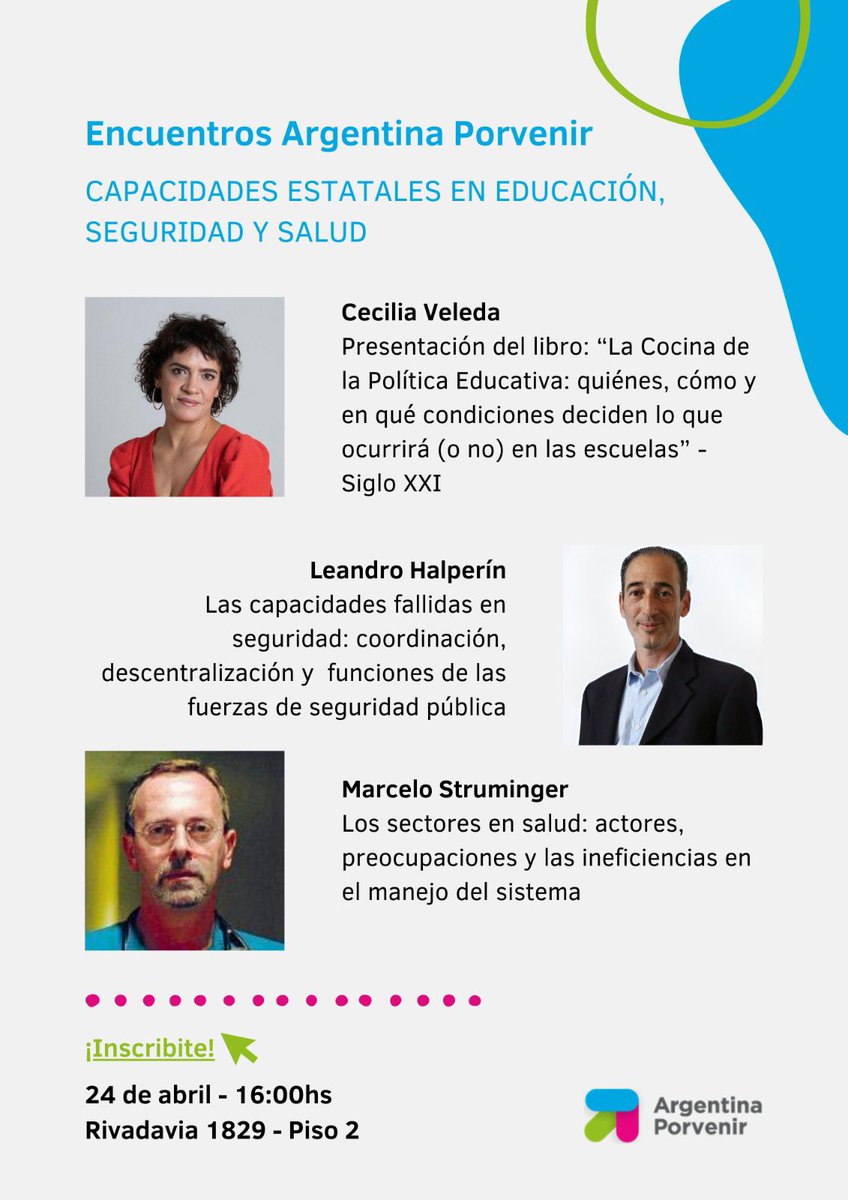 Los invito a la presentación de mi libro 'La cocina de la política educativa' en la Fundación Argentina Porvenir junto a Leandro Halperín y Marcelo Struminger. Quienes quieran asistir pueden inscribirse en el siguiente link: docs.google.com/forms/d/e/1FAI…