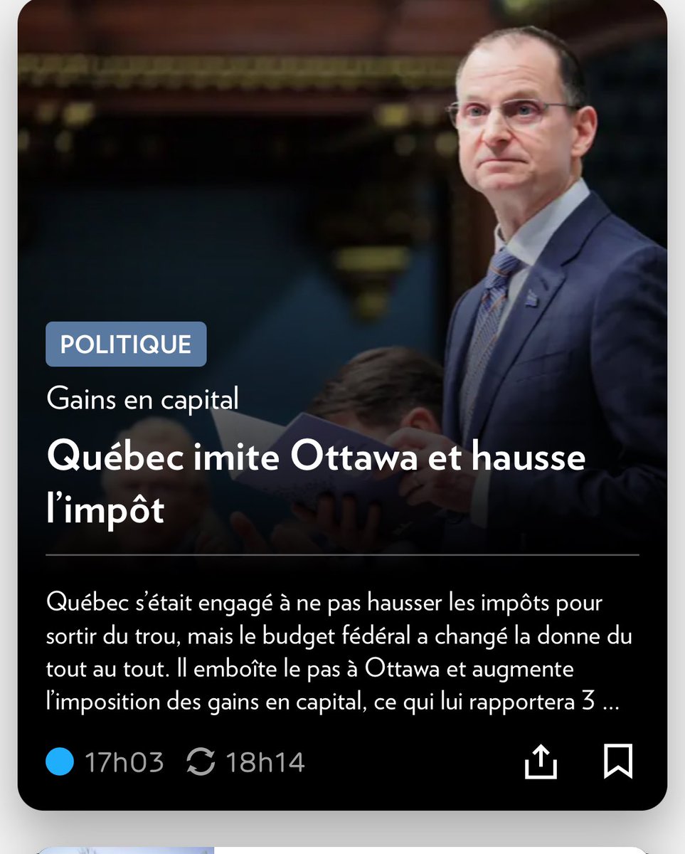 MENTEURS !!! Québec s’était engagé à ne pas hausser les impôts pour sortir du trou, mais le budget fédéral a changé la donne du tout au tout. Il emboîte le pas à Ottawa et augmente l’imposition des gains en capital, ce qui lui rapportera 3 milliards de dollars en cinq ans selon…