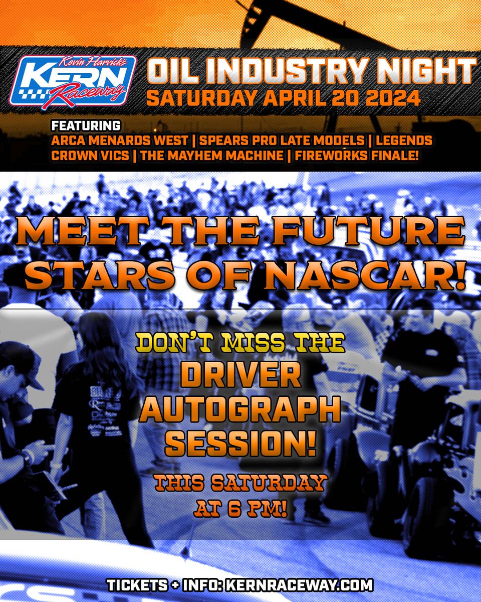 This Saturday--join us for driver autograph session at 6 pm before #OilIndustryNight main events start at 7 pm!
#KevinHarvicksKernRaceway