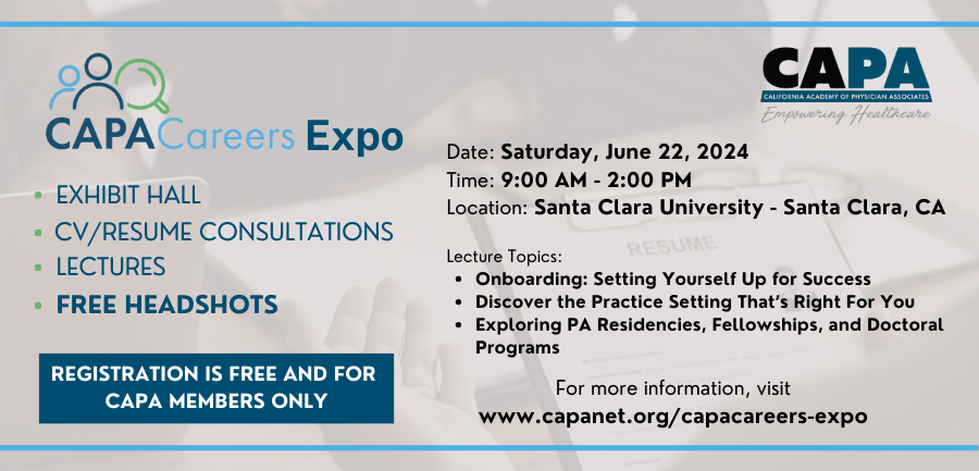 CAPASpeaks's tweet photo. PAs and PA Students - Join us in Santa Clara for the 3rd annual CAPACareers Expo! It's the first time this event is hosted in Northern CA and we can't wait to see you there! Registration Now Open! Learn More at https://t.co/GgTe0jnST1

#CaliforniaPAs #CAPhysicianAssociates #PAs https://t.co/WWaHBPPIs1