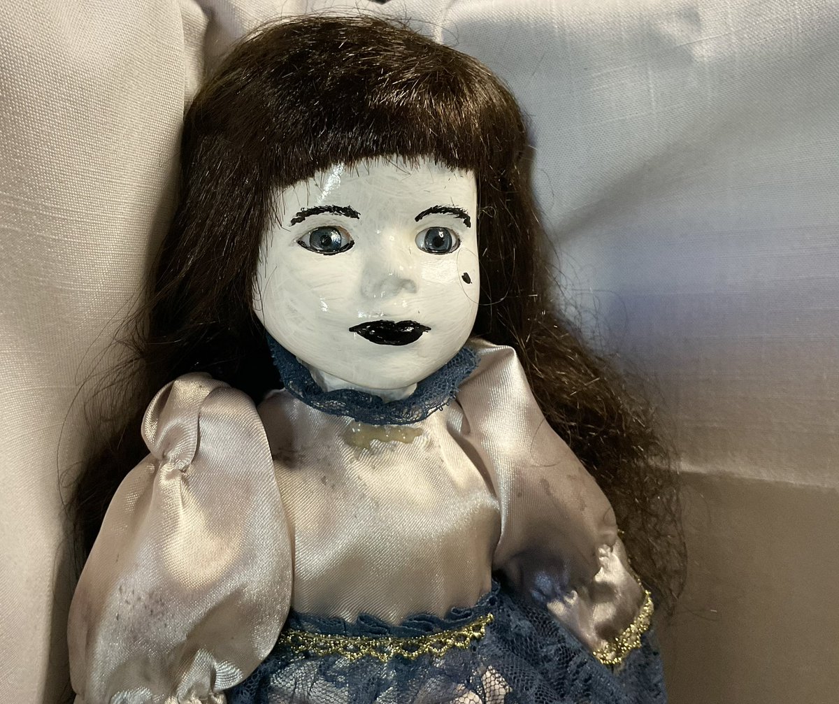 One of my Haunted Dollies…Say hello to “Aurora”. You can tell she has the sight by the way her eyes are overcast…like she is looking at something far far away…something no one else can see.” #HauntedDolls