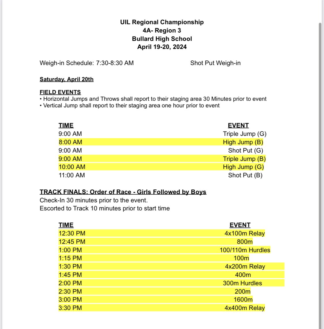 UIL Region 3-4A Track & Field Bullard, Texas April 19-20, 2024 Tickets for the meet can be purchased here: my.hometownticketing.com/agency/5b6f33c… Results: milesplit.live/meets/607091 (via @TXMileSplit) Updated Schedule: