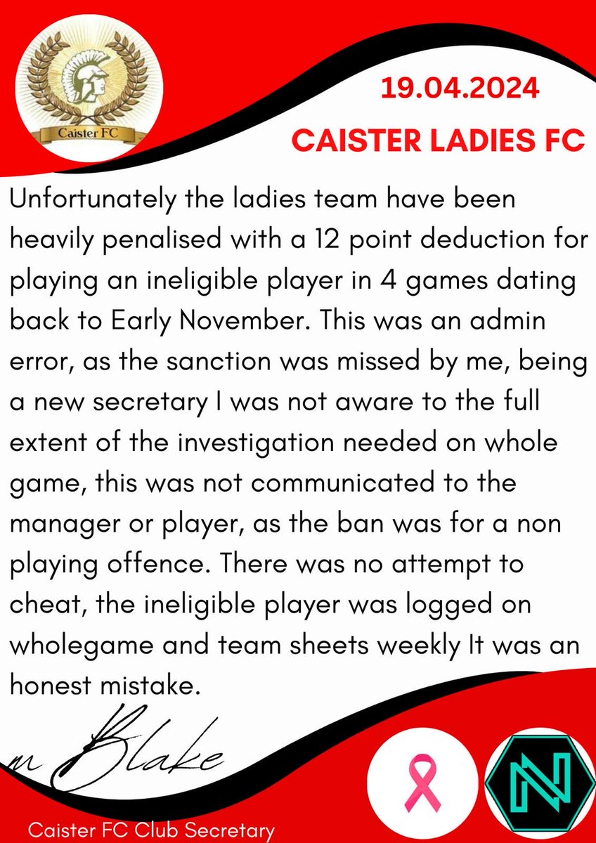 🔴 || Caister FC Club Statement || ⚪️ Please see a statement provided from club secretary Mark Blake. On the recent point deduction for the Ladies. No attempt to cheat or hide from the rules. Just missed information. And a lack of communication from governing officials.