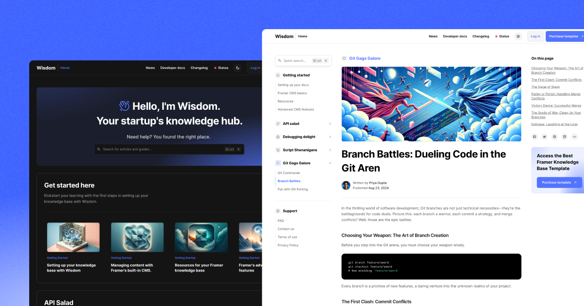 Just submitted a @framer template - Wisdom: A comprehensive knowledge hub template for startups and scaleups! 

While it's getting approved, I'll be running an early access deal with 25% off. Use code WISDOM25.

👉🏽 wisdom-template.framer.website

Featuring a help center launchpad for 4