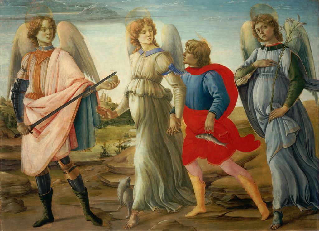 All three archangels - Michael, Raphael, Gabriel -- have turned out to help young Tobias with his miraculous little fish. Kindly! Painted in 1480 by Filippino Lippi, whose day is today.